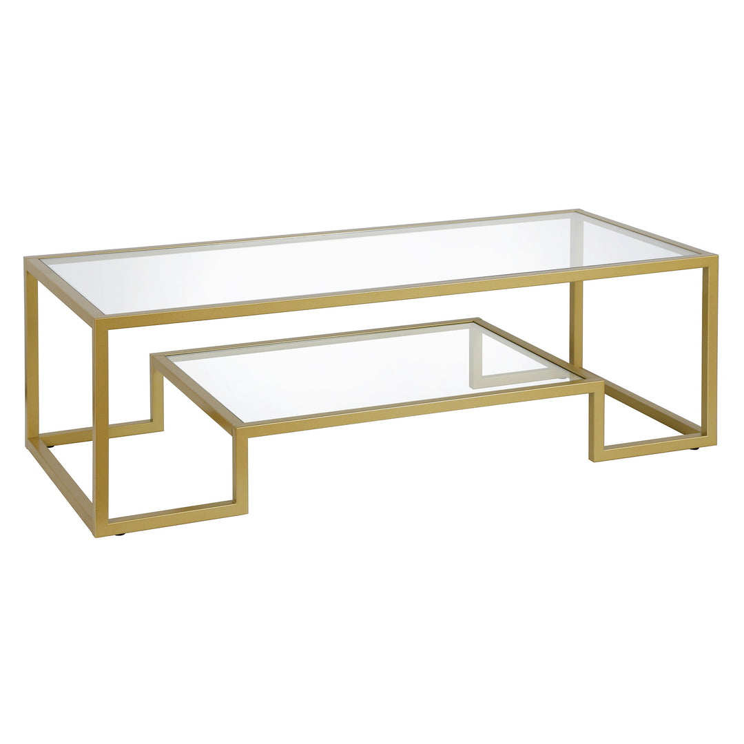 Modern 54-Inch Clear Glass and Gold Steel Coffee Table with Shelf