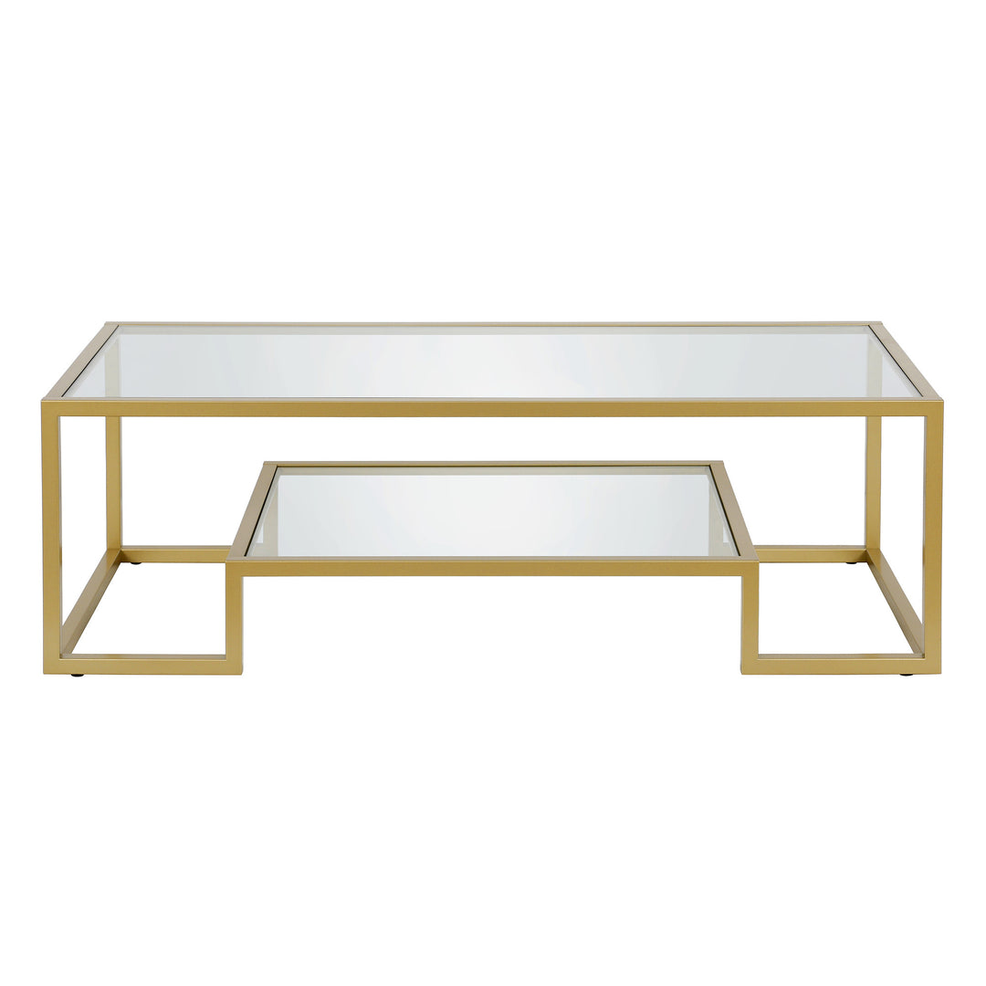 Modern 54-Inch Clear Glass and Gold Steel Coffee Table with Shelf