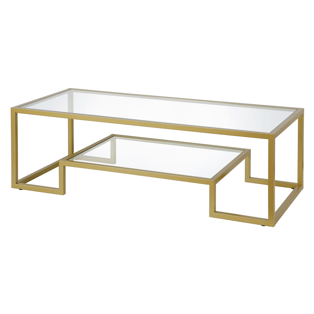 Modern 54-Inch Clear Glass and Gold Steel Coffee Table with Shelf