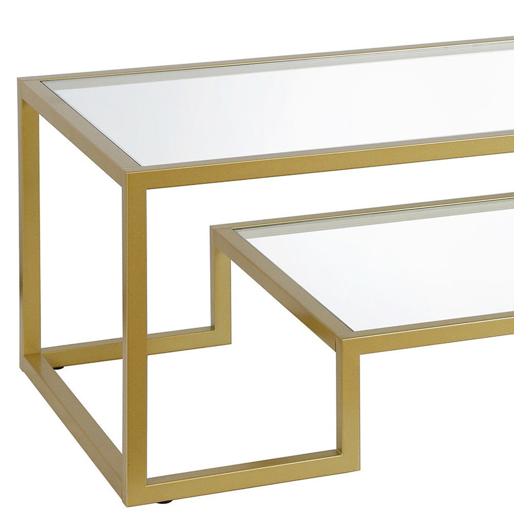 Modern 54-Inch Clear Glass and Gold Steel Coffee Table with Shelf