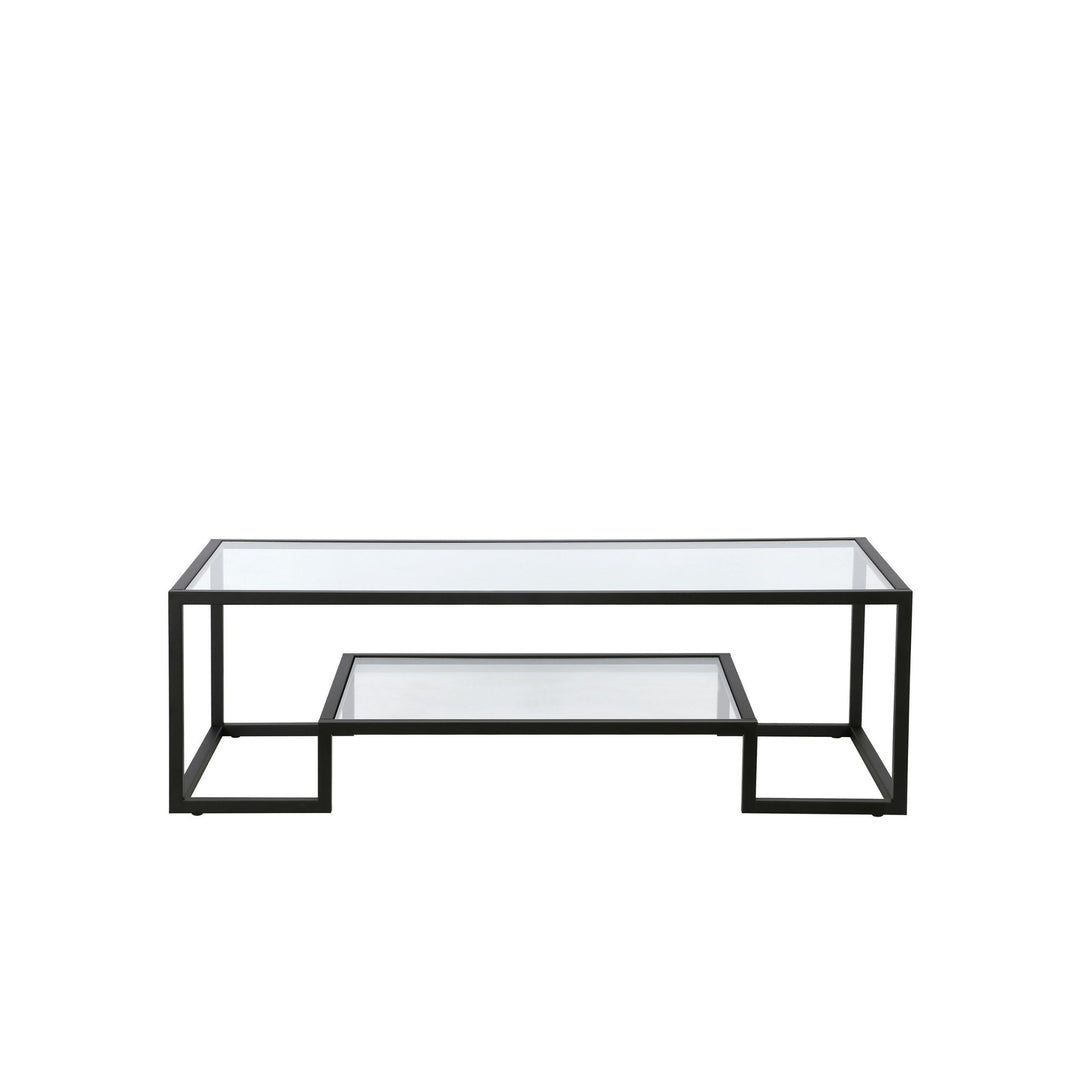 Modern 54-Inch Black Glass And Steel Coffee Table with Shelf