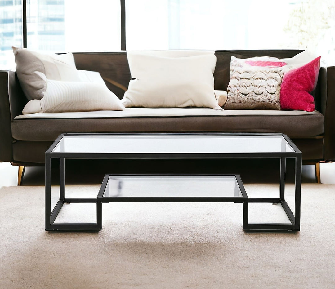 Modern 54-Inch Black Glass And Steel Coffee Table with Shelf