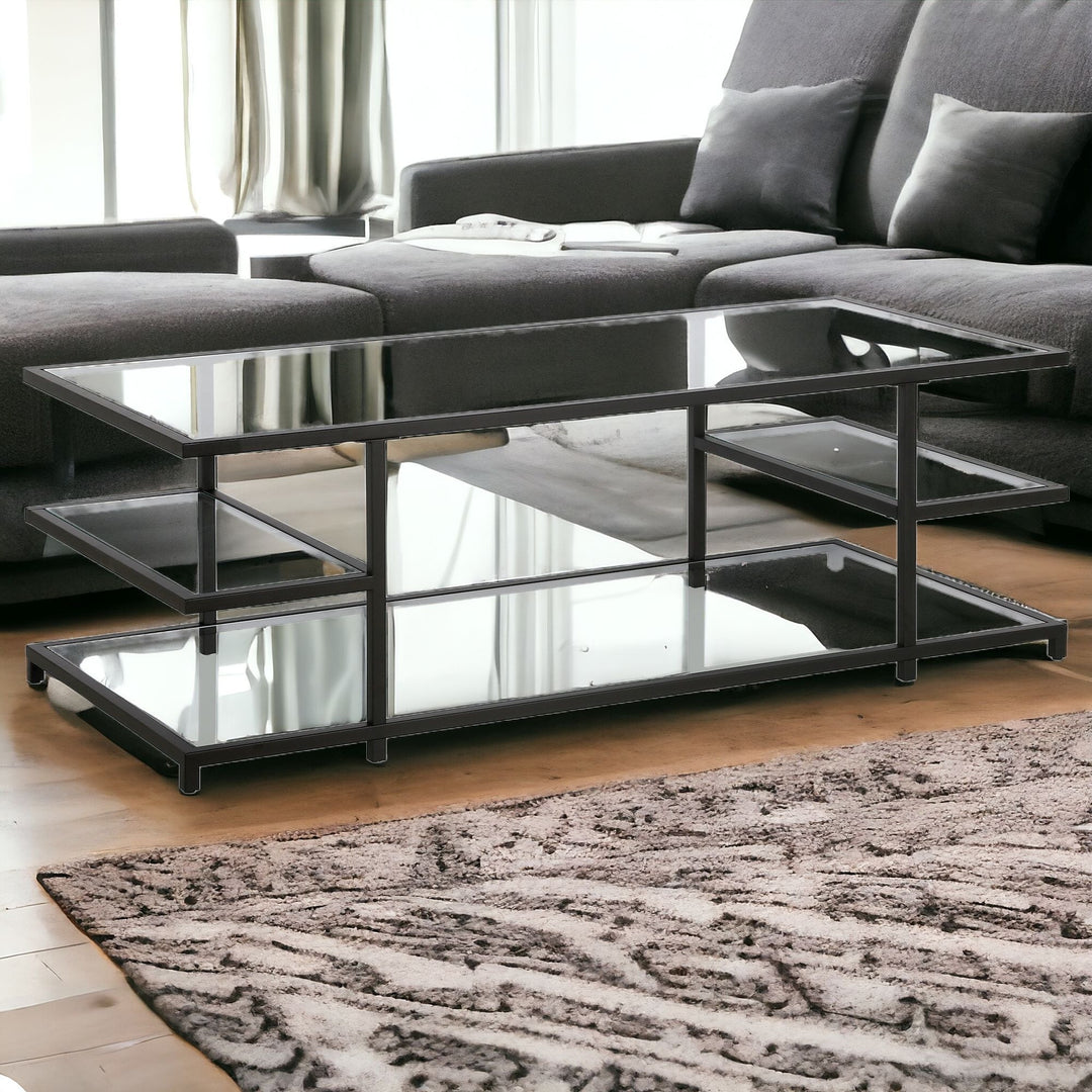 54-Inch Black Glass Coffee Table with Steel Frame and Three Shelve