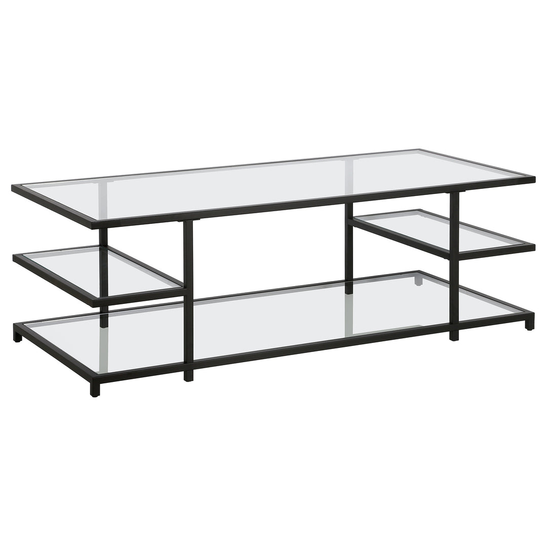 54-Inch Black Glass Coffee Table with Steel Frame and Three Shelve