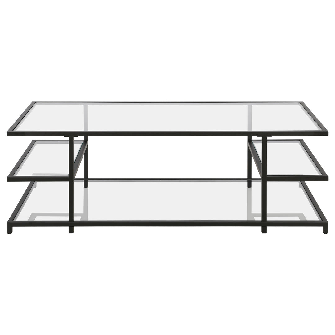 54-Inch Black Glass Coffee Table with Steel Frame and Three Shelve