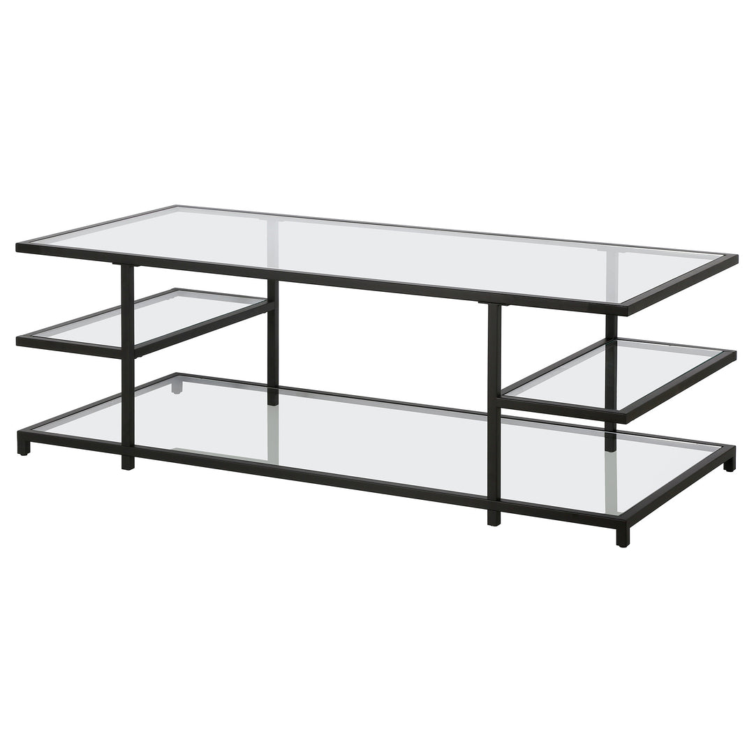 54-Inch Black Glass Coffee Table with Steel Frame and Three Shelve