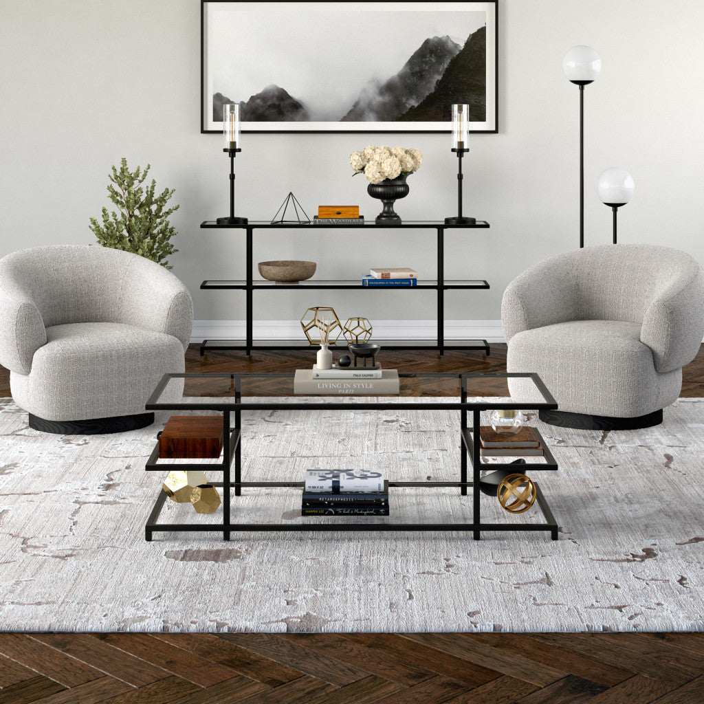 54-Inch Black Glass Coffee Table with Steel Frame and Three Shelve