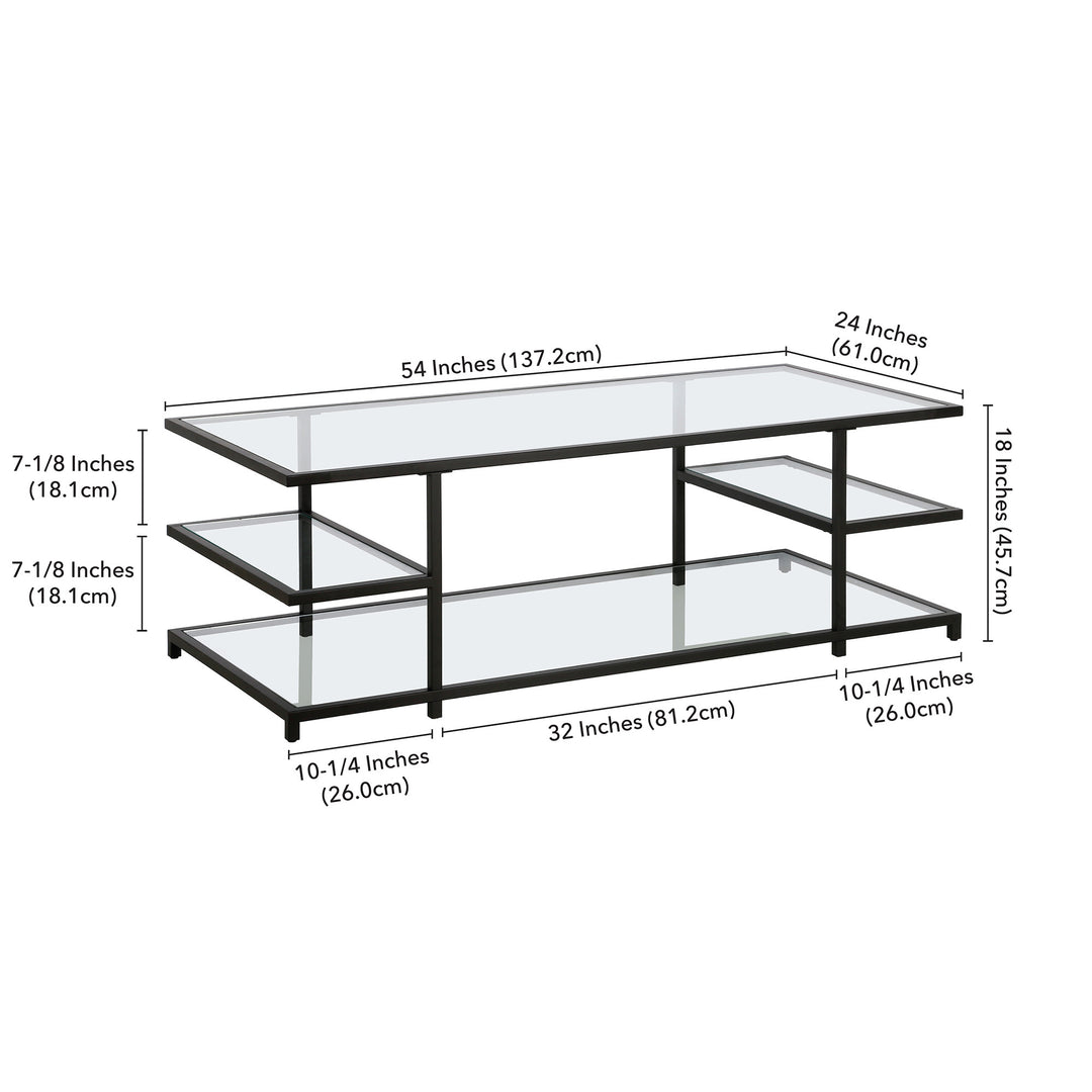 54-Inch Black Glass Coffee Table with Steel Frame and Three Shelve