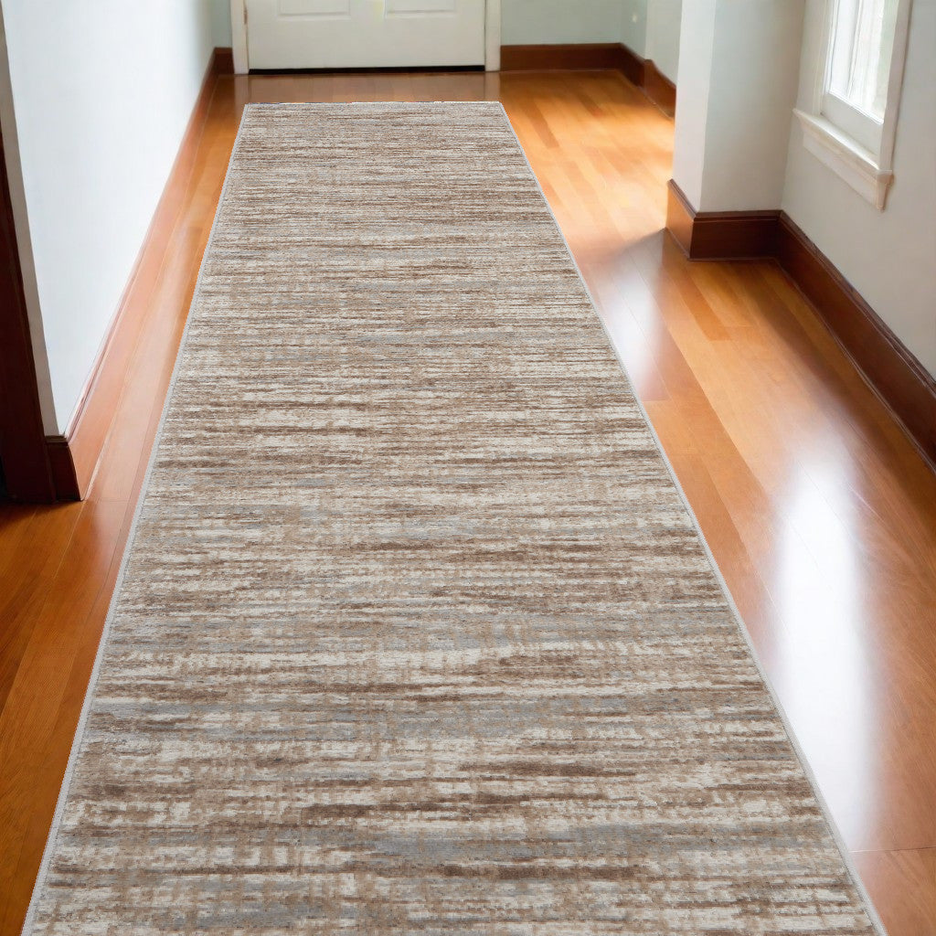 14' Runner Brown and Ivory Abstract Power Loom Runner Rug