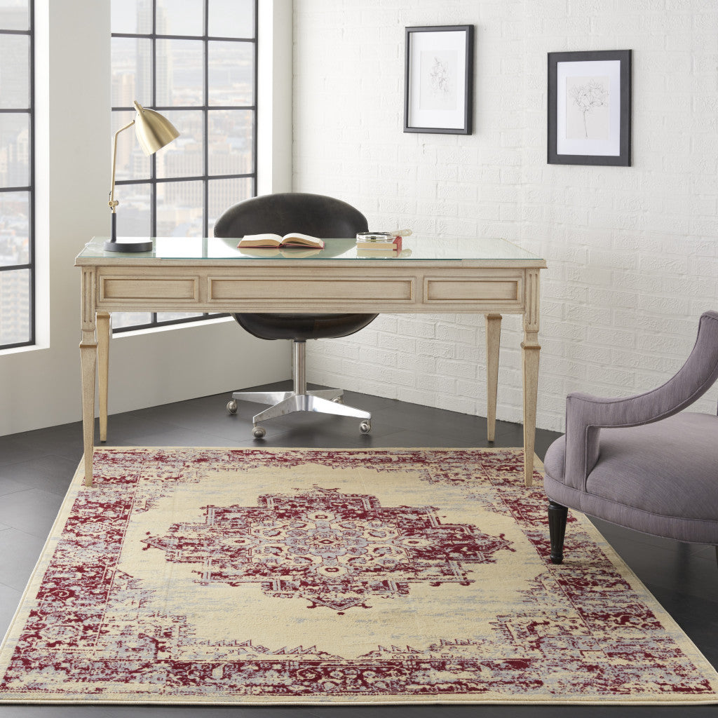 5' X 7' Cream Damask Power Loom Area Rug