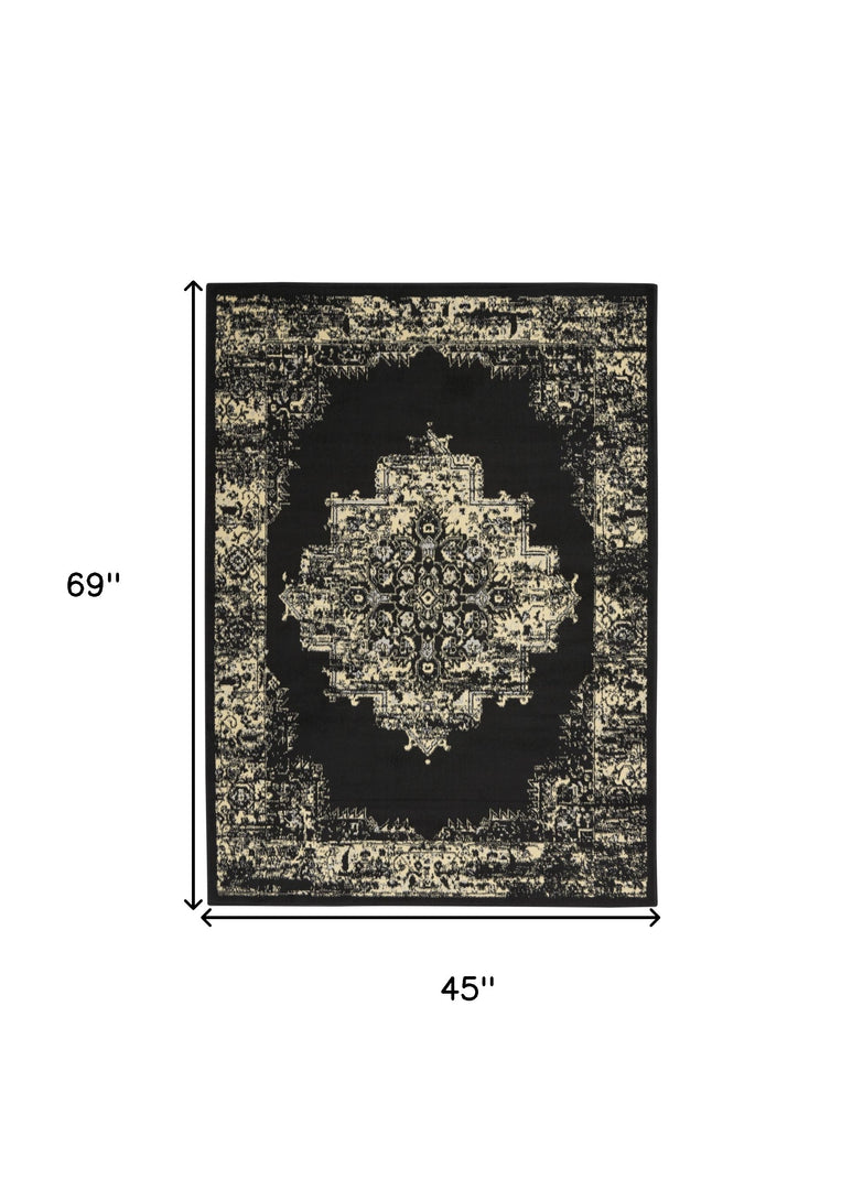 4' X 6' Cream Damask Power Loom Area Rug