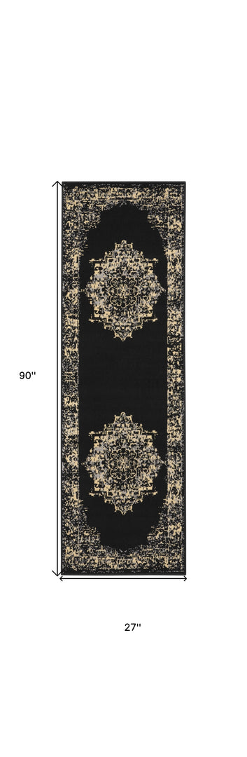 8' Cream Damask Power Loom Runner Rug