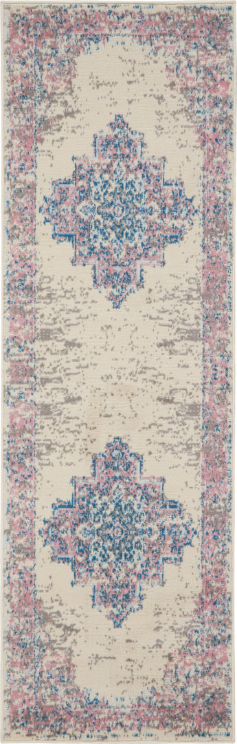 8' Pink Damask Power Loom Runner Rug