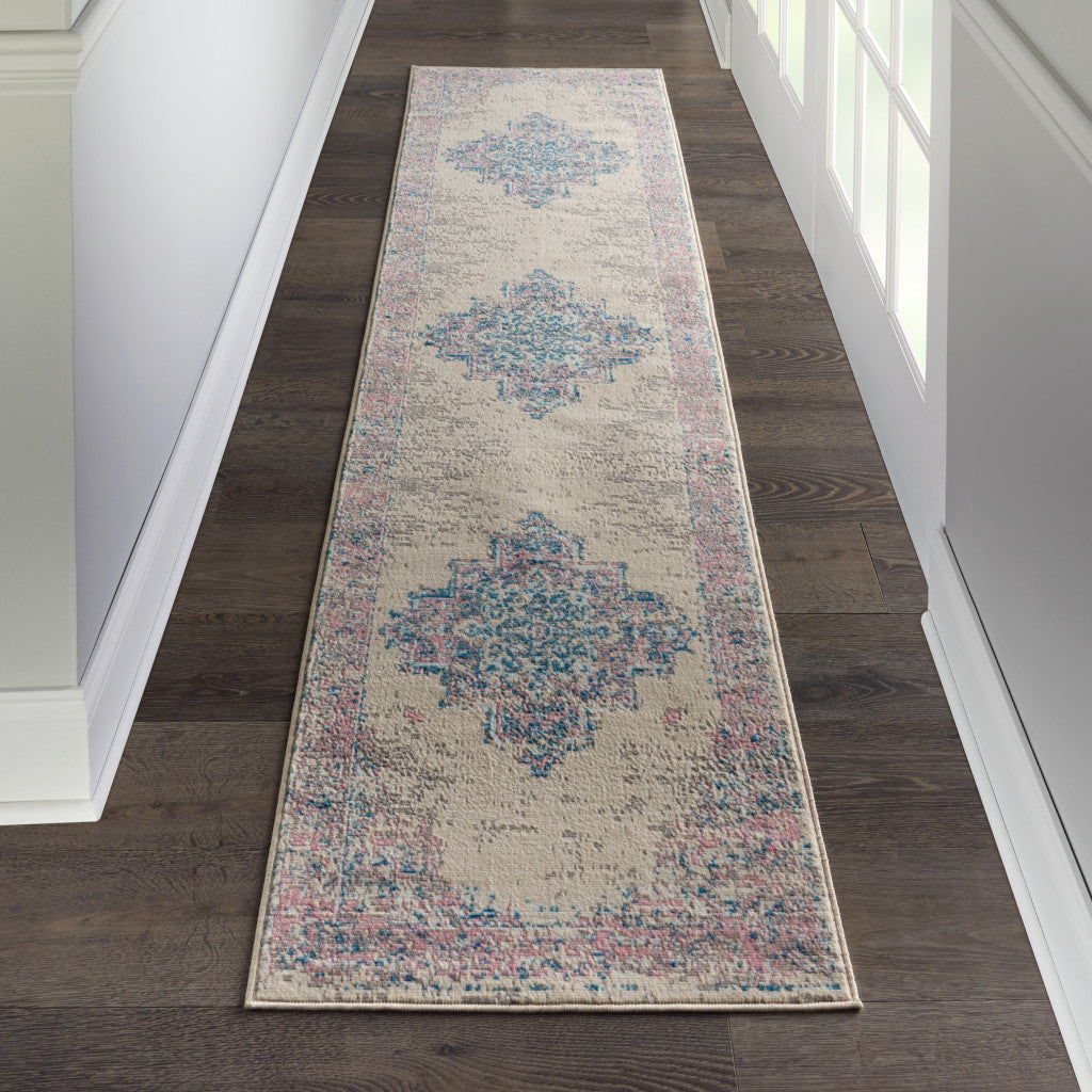 12' Runner Pink and Ivory Medallion Power Loom Runner Rug