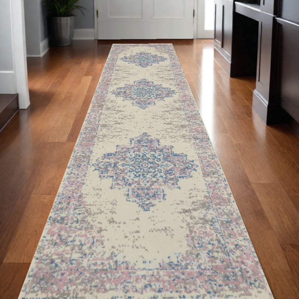 12' Runner Pink and Ivory Medallion Power Loom Runner Rug