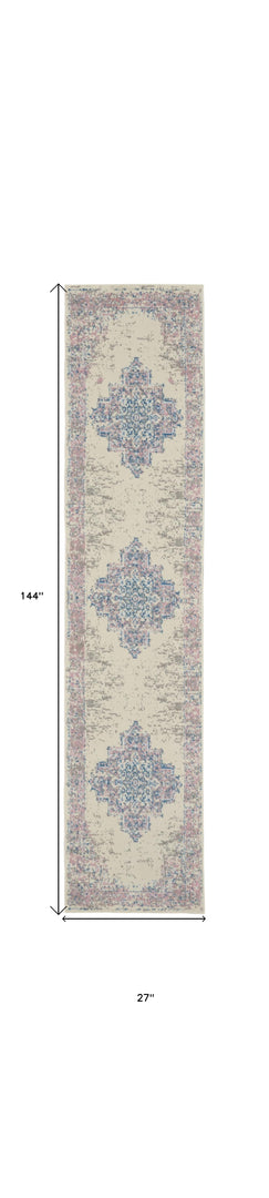 12' Runner Pink and Ivory Medallion Power Loom Runner Rug