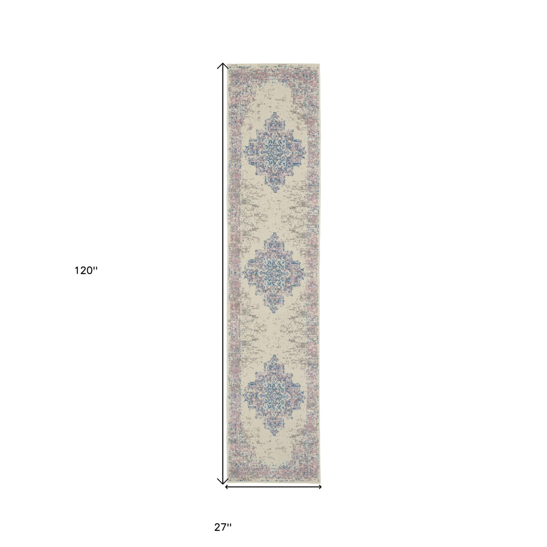 10' Runner Pink and Ivory Medallion Power Loom Runner Rug