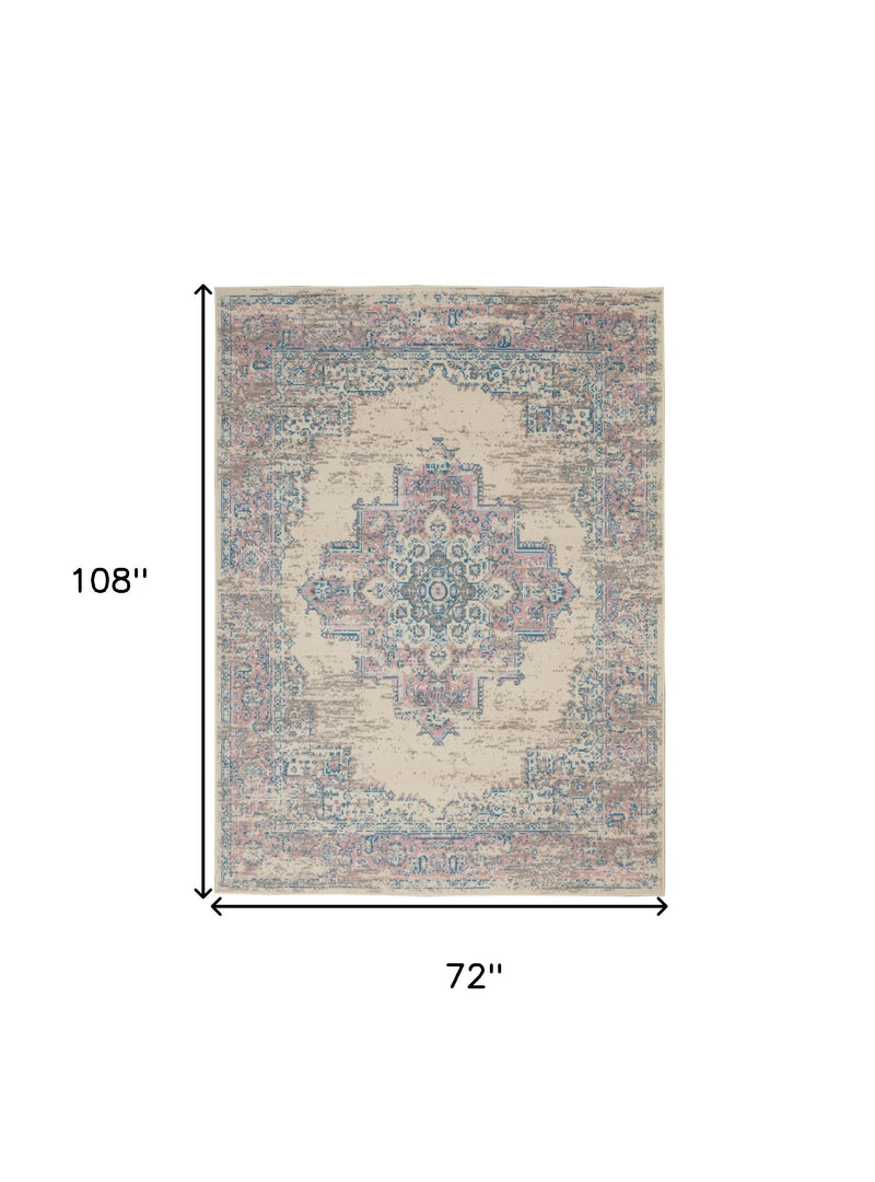 6' X 9' Pink and Ivory Medallion Power Loom Area Rug