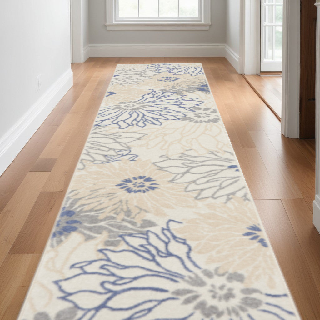 10' Runner Ivory and Blue Floral Power Loom Distressed Runner Rug