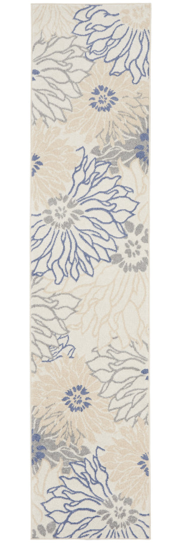 10' Runner Ivory and Blue Floral Power Loom Distressed Runner Rug