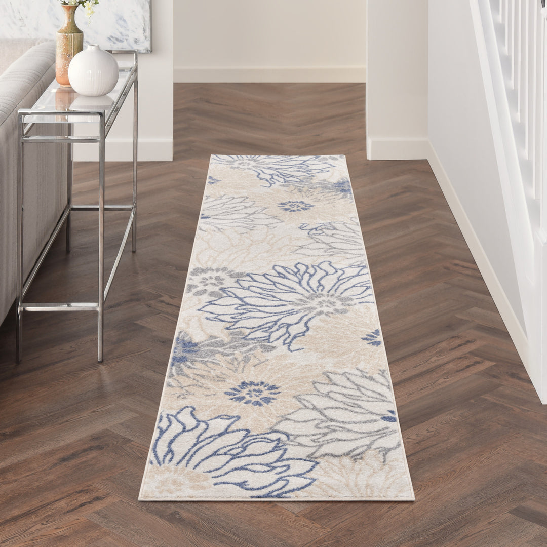 10' Runner Ivory and Blue Floral Power Loom Distressed Runner Rug