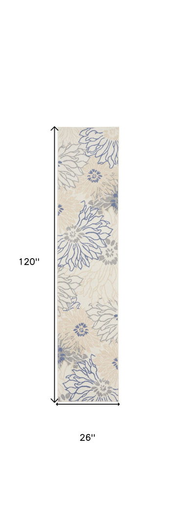 10' Runner Ivory and Blue Floral Power Loom Distressed Runner Rug