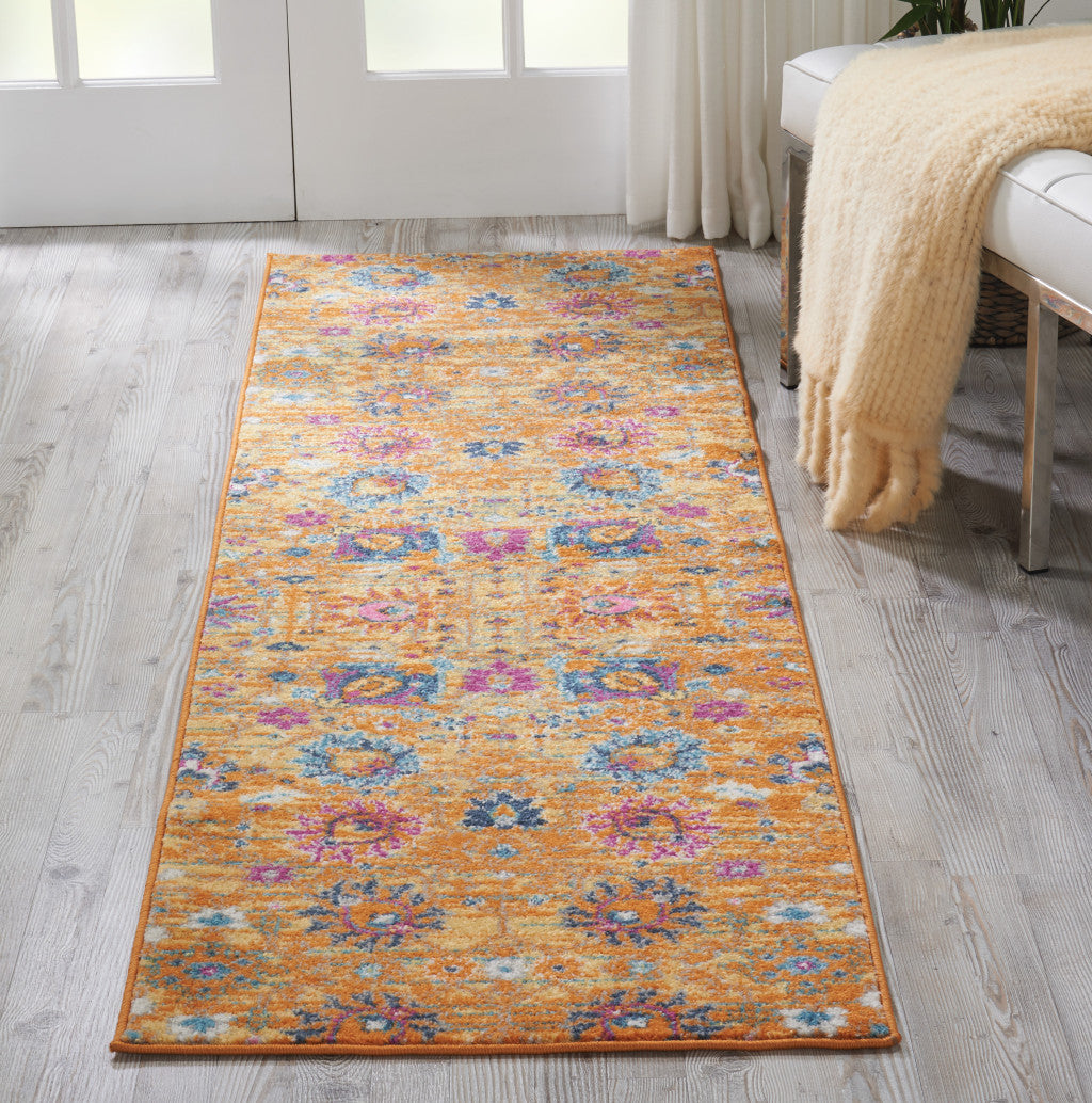 10' Gold Floral Power Loom Runner Rug