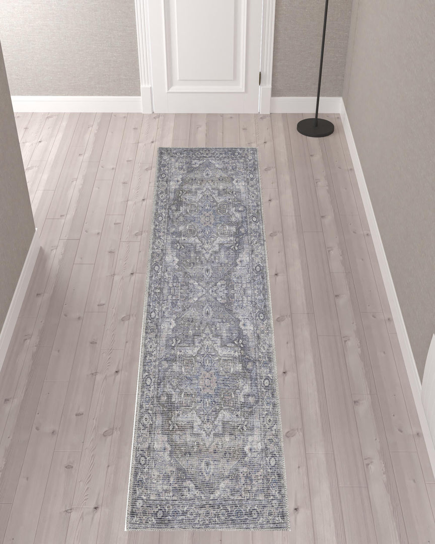 10' Gray Floral Power Loom Distressed Washable Runner Rug