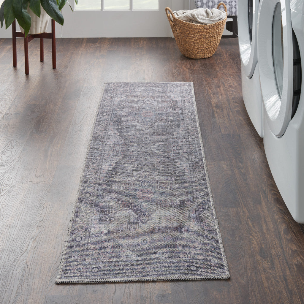 10' Gray Floral Power Loom Distressed Washable Runner Rug