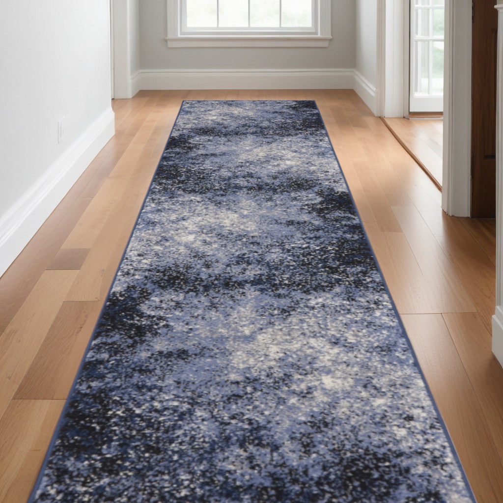 10' Runner Blue and Ivory Abstract Power Loom Distressed Runner Rug