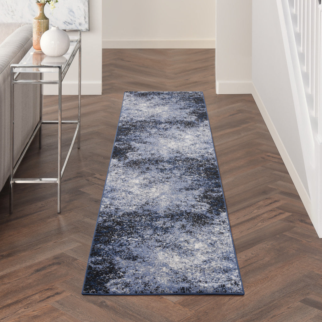 10' Runner Blue and Ivory Abstract Power Loom Distressed Runner Rug