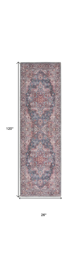 10' Red Floral Power Loom Distressed Washable Runner Rug