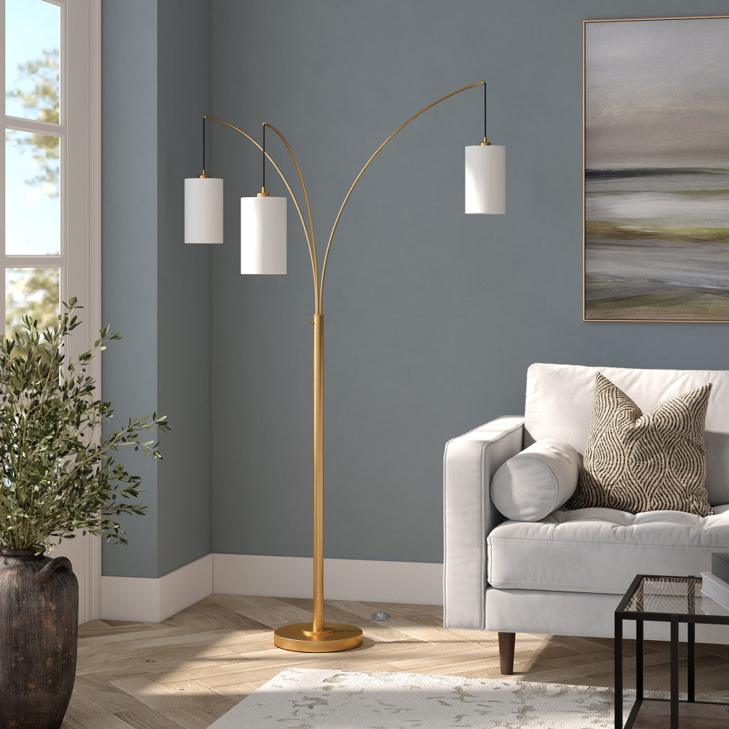 83" Brass Three Light Tree Floor Lamp With White Frosted Glass Drum Shade