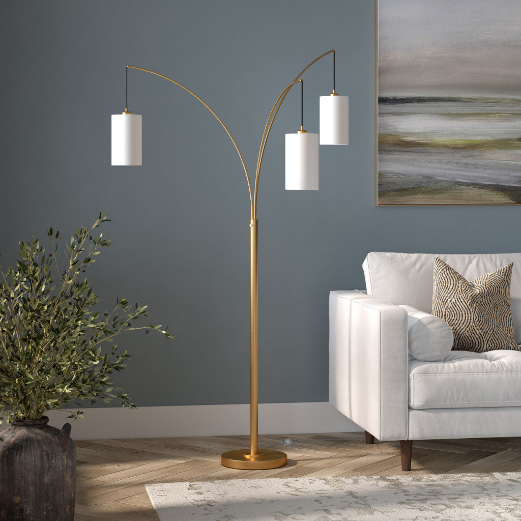 83" Brass Three Light Tree Floor Lamp With White Frosted Glass Drum Shade