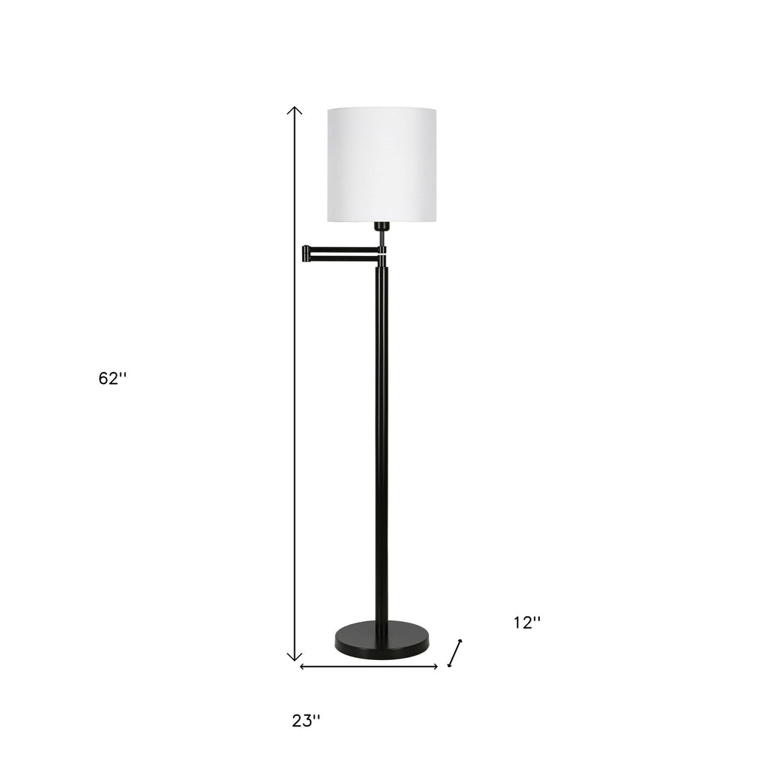 62" Black Swing Arm Floor Lamp With White Frosted Glass Drum Shade