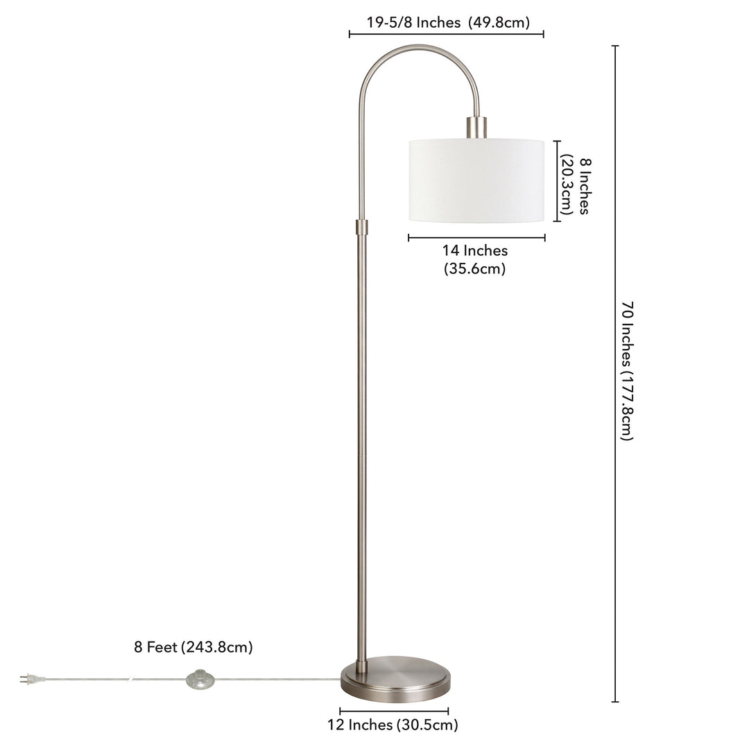 70" Nickel Arched Floor Lamp With White Frosted Glass Drum Shade