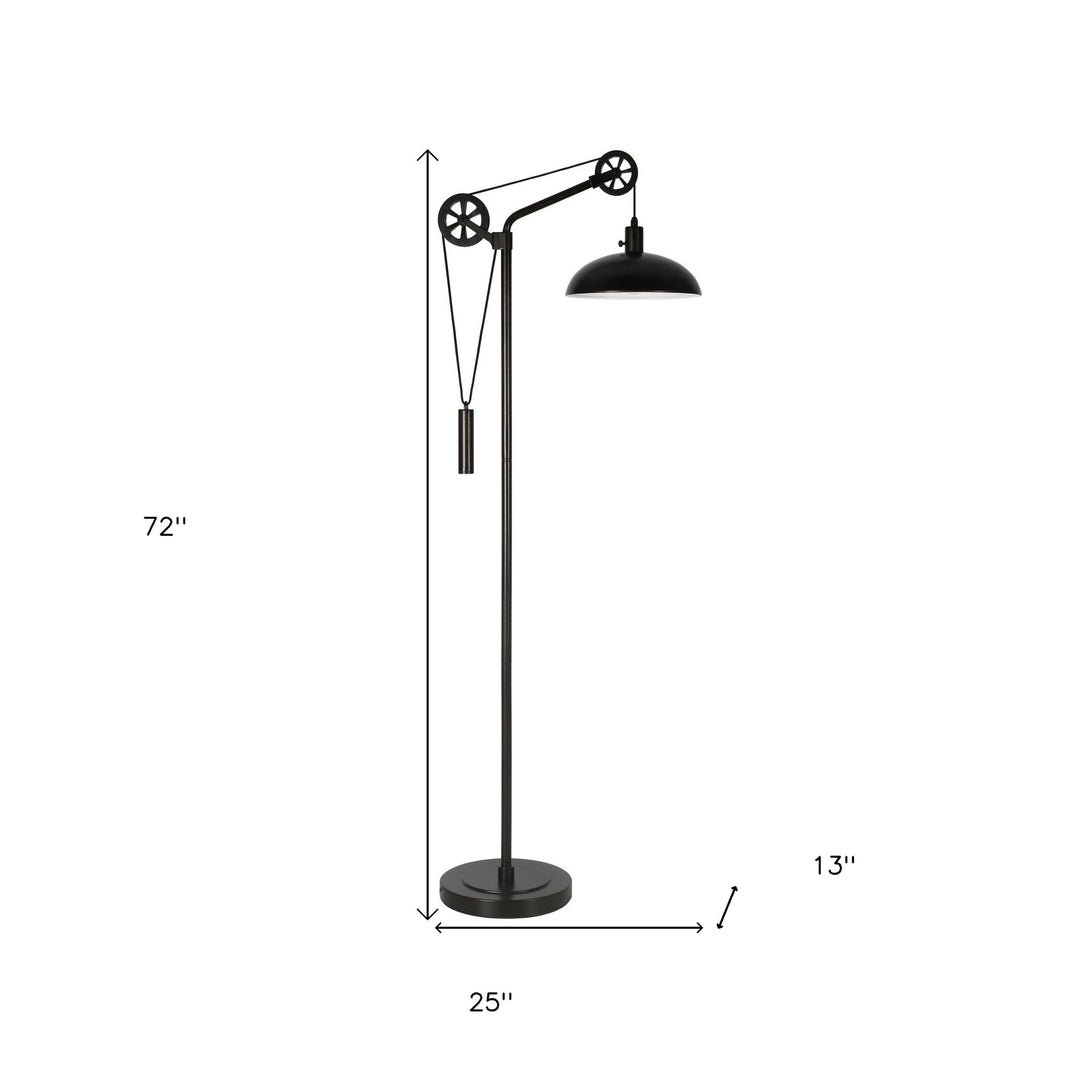 72" Black Adjustable Reading Floor Lamp With Black Metal Dome Shade