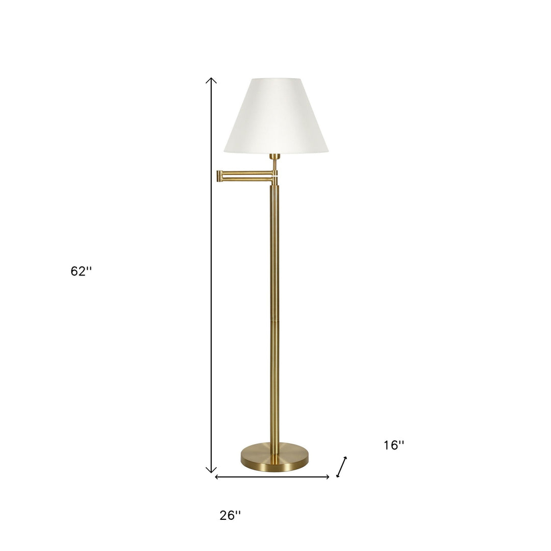 62" Brass Swing Arm Floor Lamp With White Frosted Glass Empire Shade