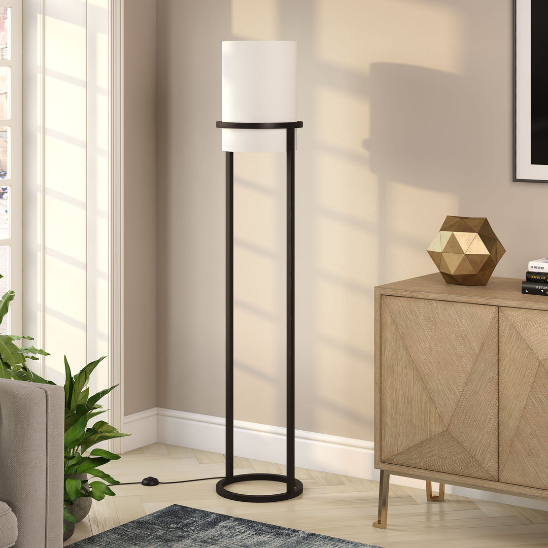 62" Black Column Floor Lamp With White Fabric Drum Shade