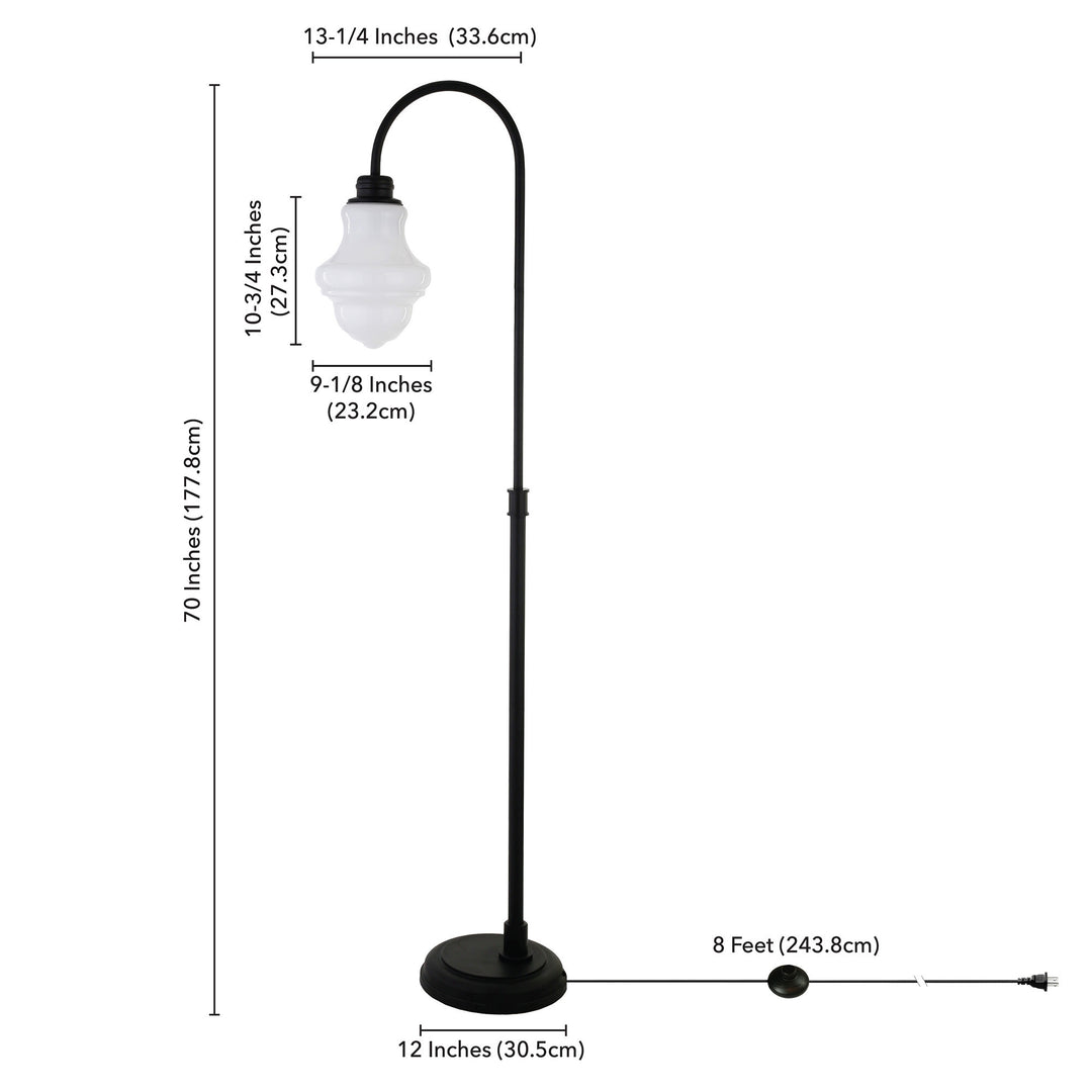 70" Black Arched Floor Lamp With White Frosted Glass Empire Shade