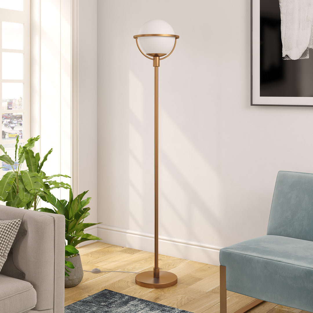 68" Brass Novelty Floor Lamp With White Frosted Glass Globe Shade