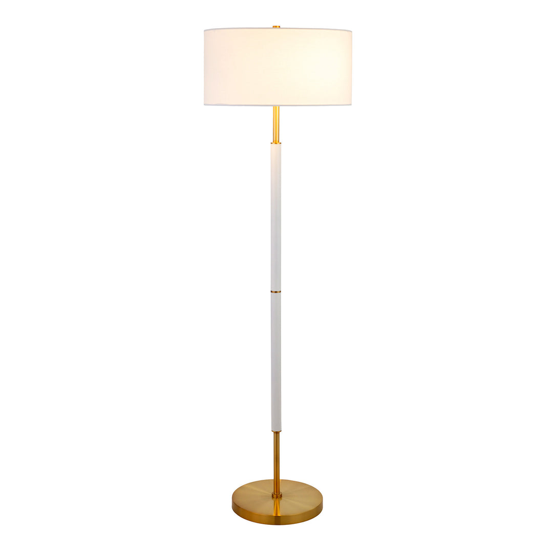 61" Brass Two Light Floor Lamp With White Frosted Glass Drum Shade