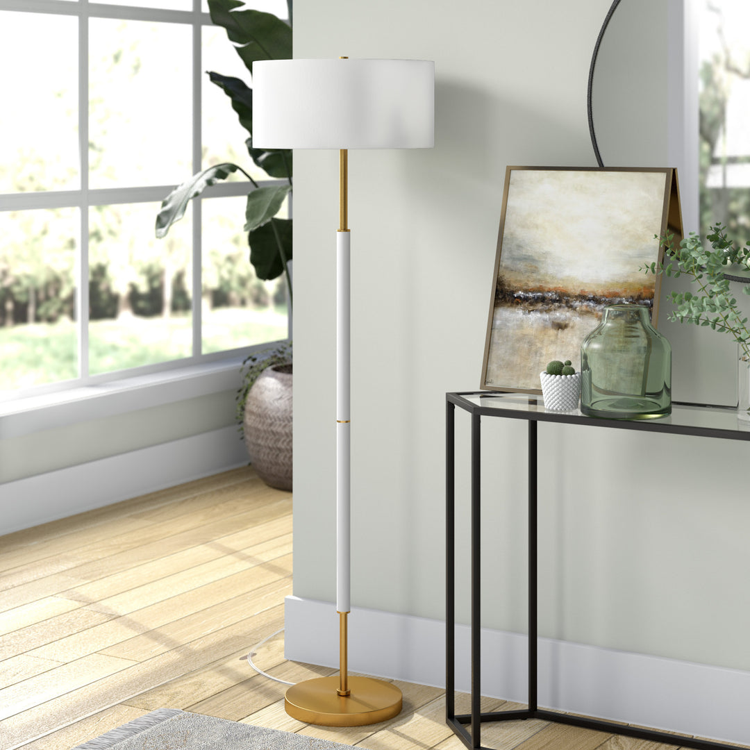 61" Brass Two Light Floor Lamp With White Frosted Glass Drum Shade