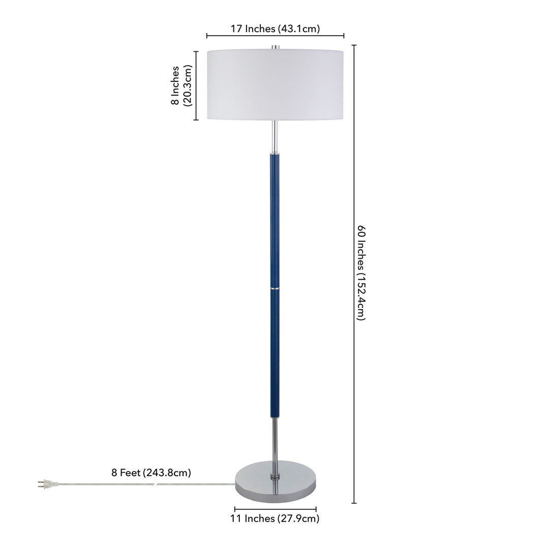 61" Blue Two Light Floor Lamp With White Frosted Glass Drum Shade