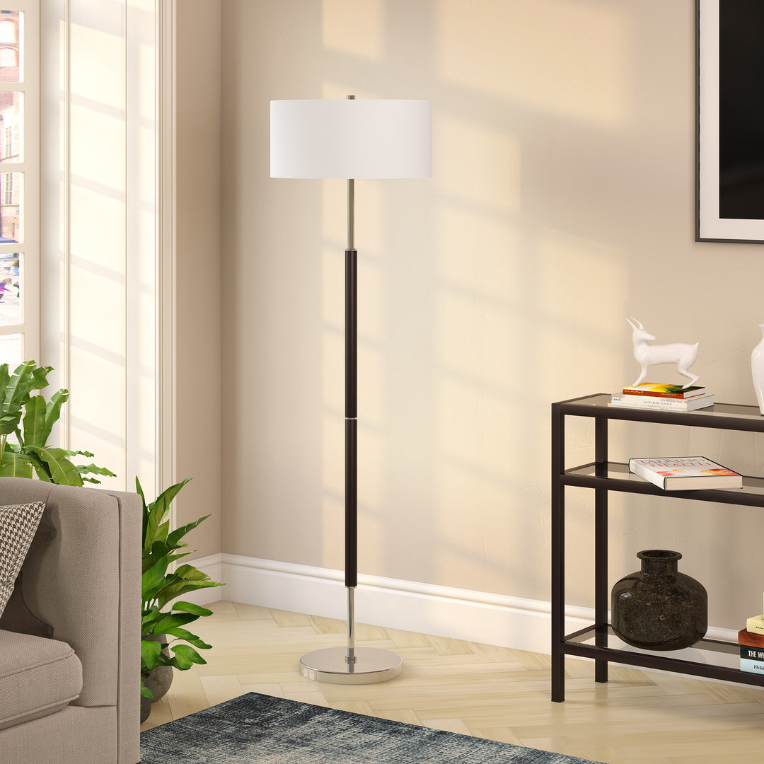 61" Black Two Light Floor Lamp With White Frosted Glass Drum Shade