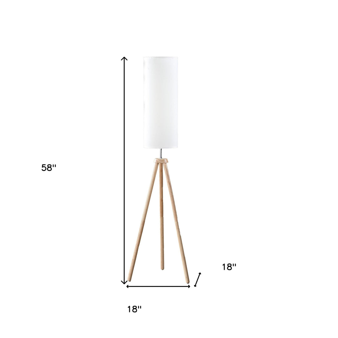 58" Natural Wood Look Tripod Floor Lamp With White Shade