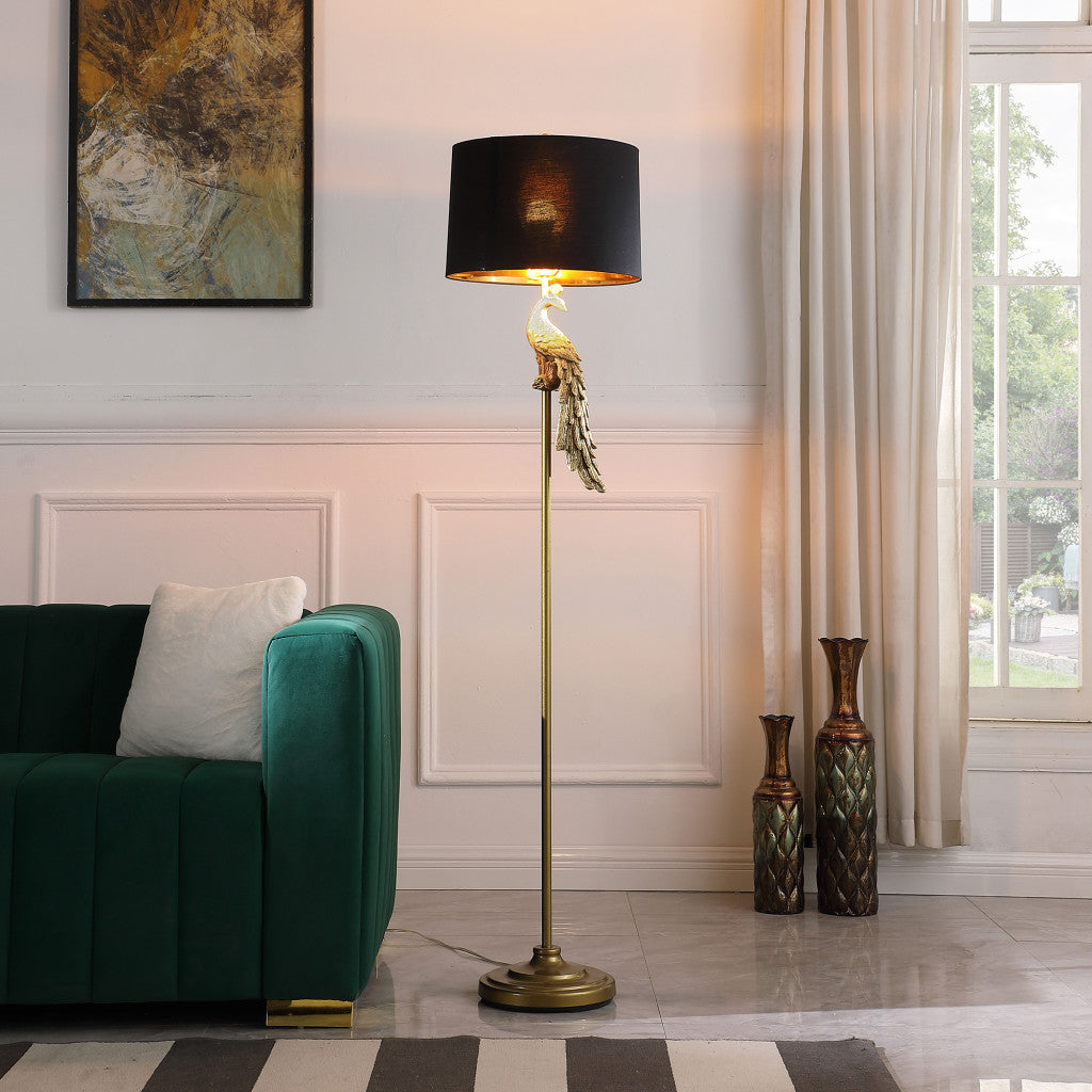 65" Burnished Gold Floor Lamp With Black Drum Shade