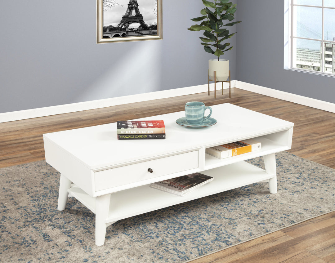 48-Inch White Solid and Manufactured Wood Coffee Table with Drawer