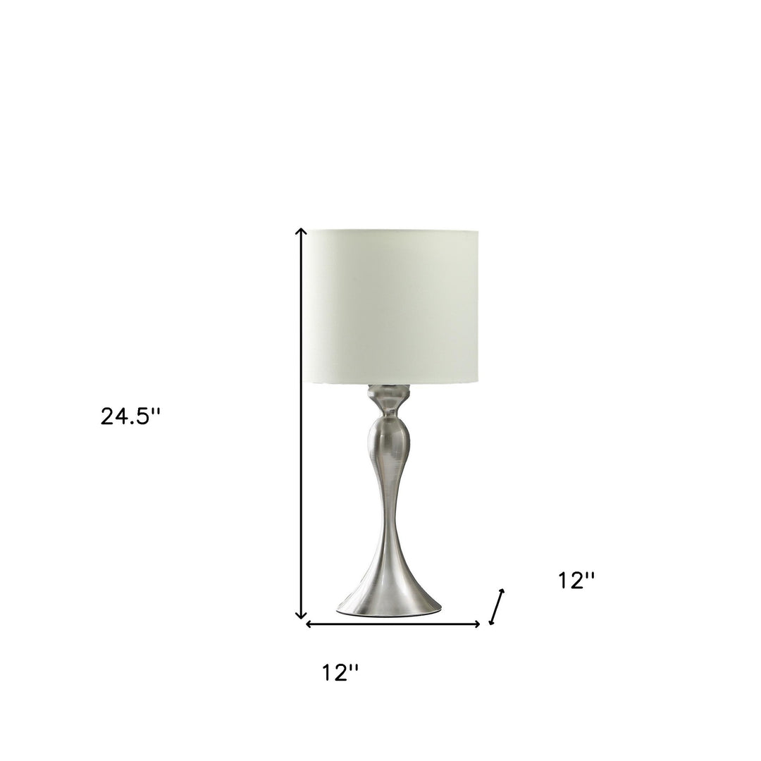 25" Silver Metal Table Lamp With Off White Drum Shade