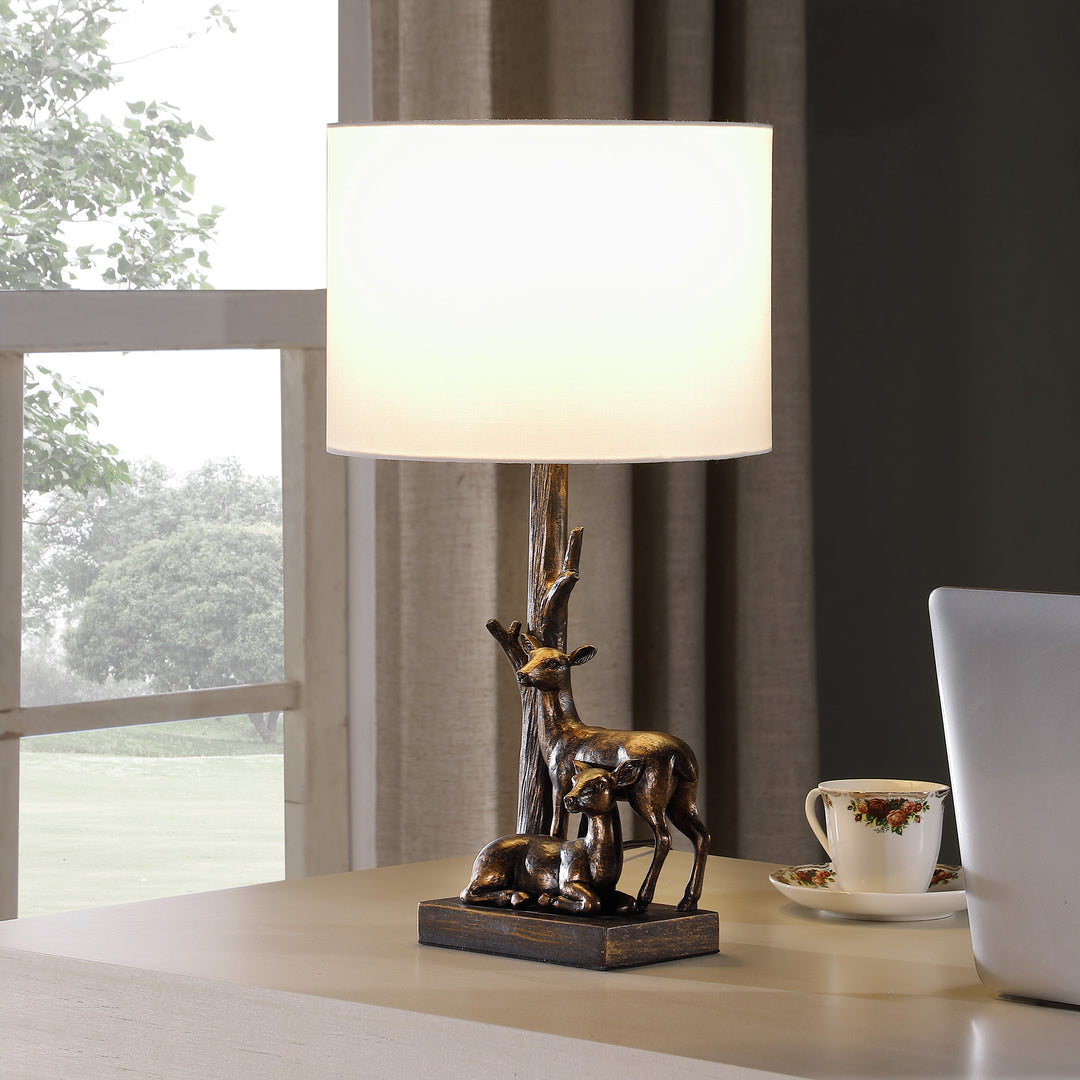 20" Bronze Mom and Baby Deer Table Lamp With White Drum Shade